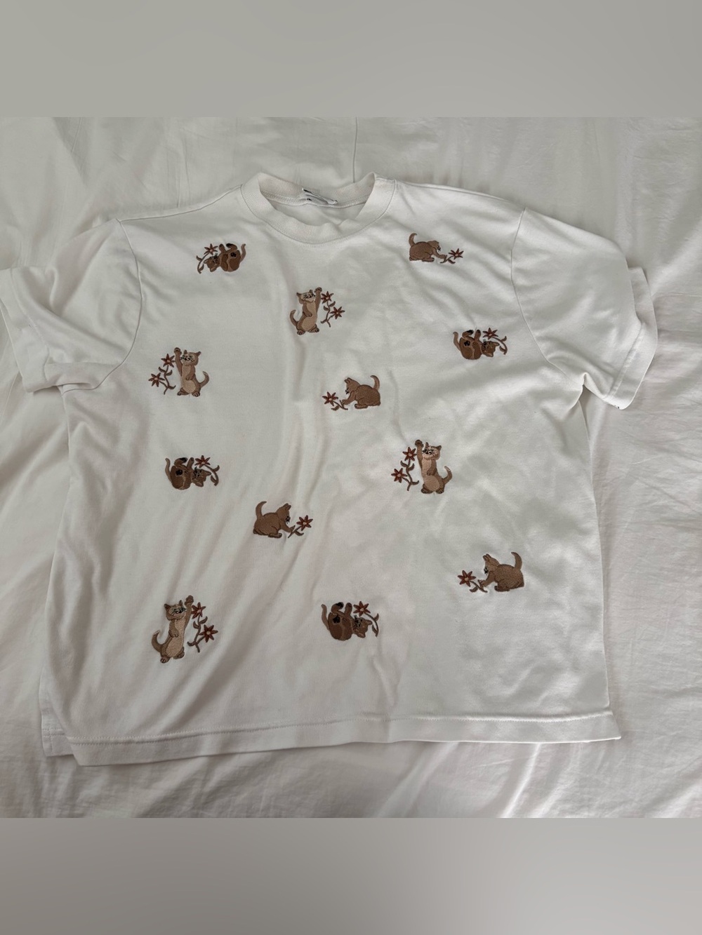 Vintage BonWorth Embroidered Cat T Shirt White Cottagecore Grandmacore L/XL